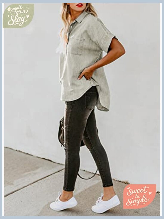 Women's V-Neck Button Down Shirt Short Sleeve Lightweight Cotton Casual - Picture 4 of 7